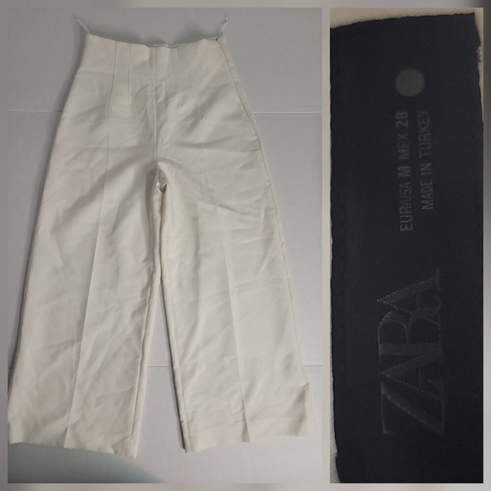 Zara Culottes Pants Womens M High Waist Bohemian Resort Ivory Ecru Office Siren
